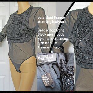 Vera Mont France black bodysuit, Beaded top sheer mesh body/long sleeves, Sz Med